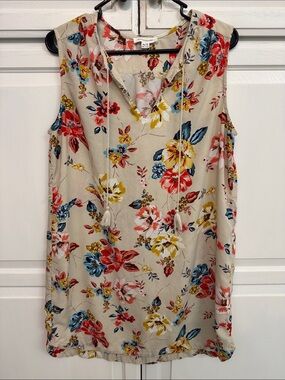 beachlunchlounge Beige Floral V-Neck Sleeveless Midi Dress with Tassel Ties XL